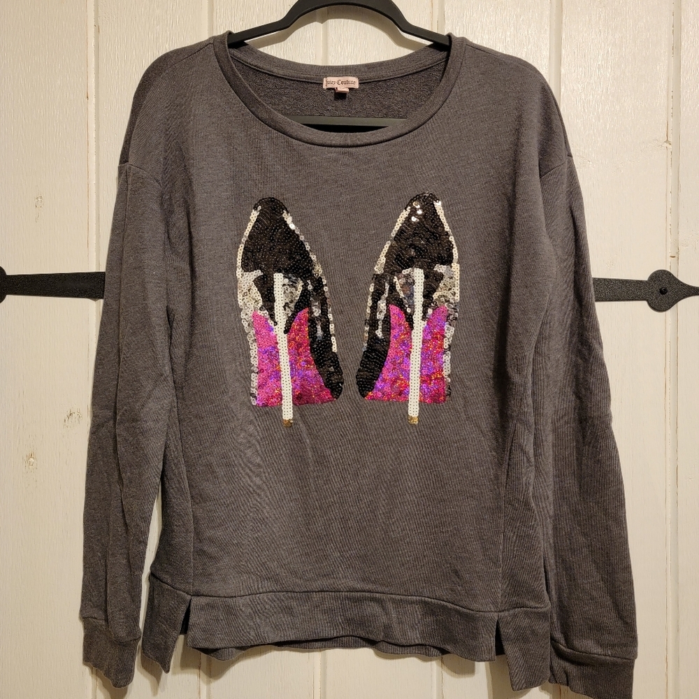 Juicy Couture Womens Sweatshirt Sequin Shoe Design Pullover Gray Size Medium